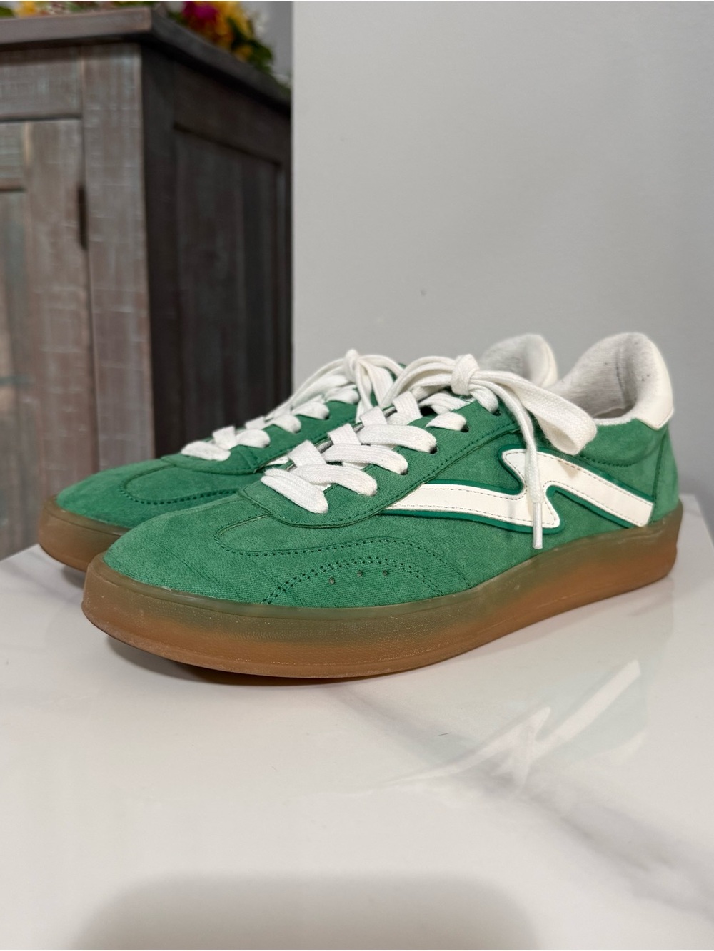 Green Suede Low-Top Sneakers with White Stripe- Madden Girl